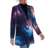 Long Sleeve Blazer for Women Button Open Front Office Jackets Lapel Collar Suit Jacket Universe Space Galaxy Starry Sky Business Coat (L)