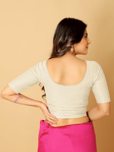 Image of Amazon Brand - Anarva Round Neck Dobby Cotton Lycra Stretchable Elbow Half Sleeve Readymade Saree Blouse for Women Stylish