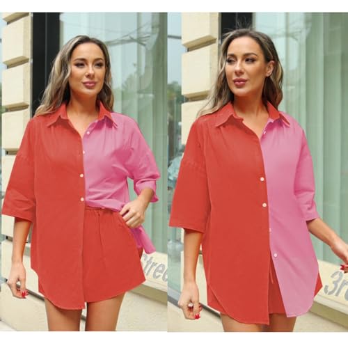 Image of Fixmatti Women 2 Piece Outfits Long Sleeve Button Down Blouse and Shorts Sweatsuit Sets
