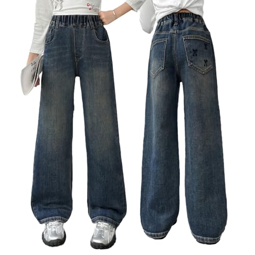 Girls Baggy Jeans - Elastic Waist Retro Washed Wide Leg Denim Pants, Tween Stretchy Casual Jeans with Pockets