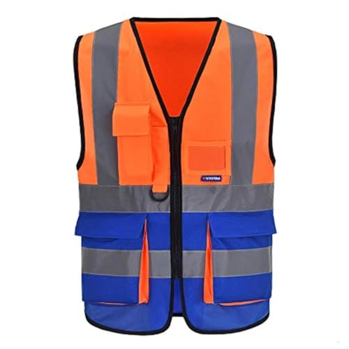 Image of Hi-Vis Reflective Vest, Radio Loop, Front Zipper, Orange /Blue, XL | Orange /Blue XL fabric work vest with 7 pockets, clear ID pocket and radio mic loop for heavy equipment; unisex workwear.