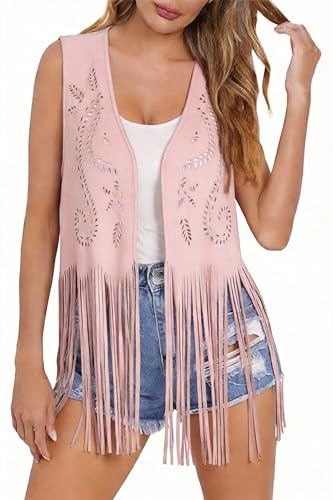 Women Western Tassels Vest Tops 70s Hippie Sleeveless Faux Suede Fringe Vests Jacket Cardigan Open Front Rodeo Cowgirl Shirt (Pink X-Large)