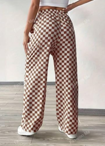 Image of Women's Casual Checkered Pants Drawstring Elastic Waist Comfy Loose Straight Wide Leg Plaid Pants with Pockets