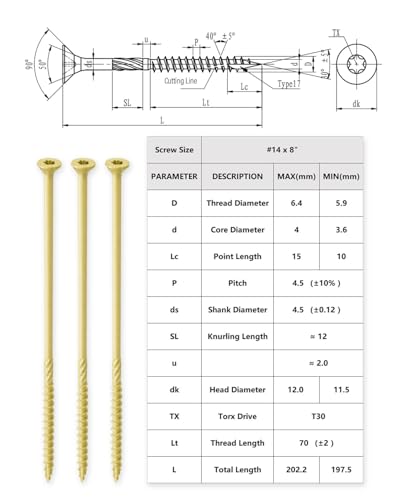 Image of IMSCREWS #14 x 8 Inch Exterior Wood Screws, 1000Hr Salt Spray Rust Resistant Deck Screws, T30 Star Drive, Type 17 Point, Knurled Shank, Heavy Duty Timber Screws, 125 Pack (No Bit)