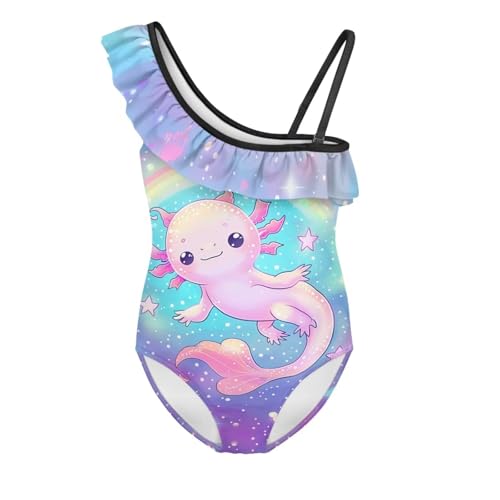 Image of WELLFLYHOM Axolotl Girls One Piece Swimsuits 3-14 Ruffle One Shoulder Bathing Suits Full Coverage Beachwear