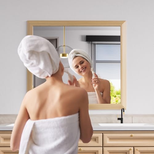 Amorho 40X36 Inch Bathroom Mirror for Wall, Oak Wood Grain Metal Framed Mirror, Anti-Rust, Hang Horizontally/Vertically, Suitable for Vanity, Bedroom, Farmhouse, Bathroom