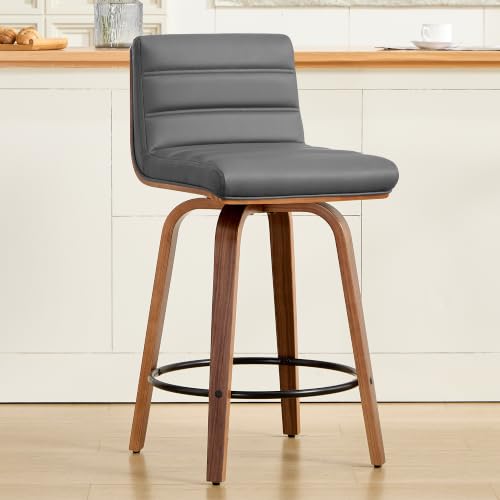 Image of Swivel Bar Stools Set of 1,26 inch Faux Leather Counter Height Barstools with Back,Mid Century Modern Upholstered Bar Chairs with Bentwood Legs Island Stools for Kitchen Counter Darkgrey