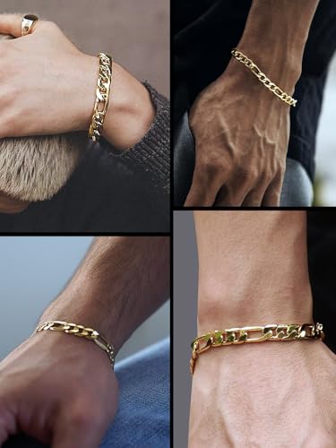 ChainsHouse Figaro Link Chain Bracelet Stainless Steel/Black/18K Gold Plated Wrist Bracelets for Men Women, 6MM-13MM, 7.5"/8.3", Send Gift Box2