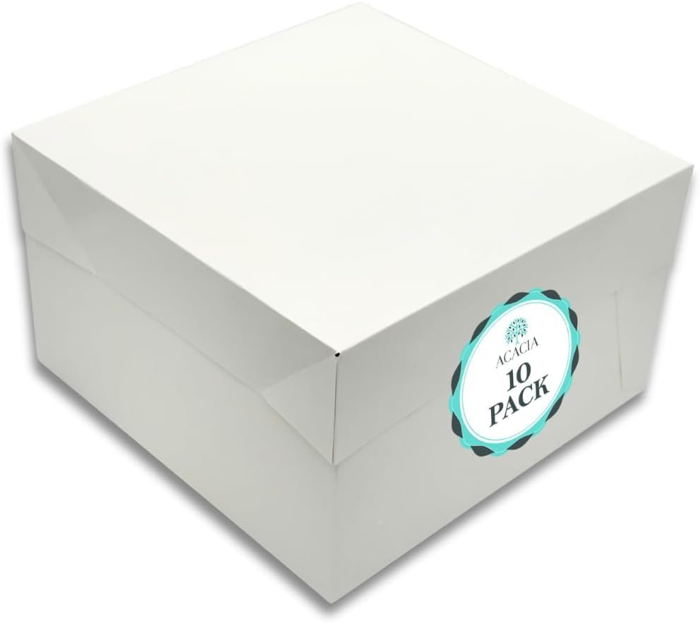 ACACIA 10 Inch Cake Box with Lid – 10 Pack White Cardboard 10x10x6 Boxes for Transporting Cakes – Square Cake Boxes Ideal for Birthdays, Parties, Weddings – Strong Disposable Cake Packaging