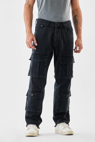 Image of SNITCH Men Cargo Pants | Baggy Fit with Multiple Utility Pockets & Turned-Up Cuffs | Cotton Blend Fabric for Streetwear & Casual Outings