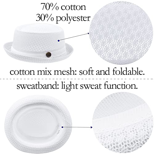 Image of Straw Mesh Pork Pie Hat,Men Summer Fedora,Lightweight Bowler Flat Top | Brim Adjustable Sweat Band,2 /6 Pc Breathable Foldable,Cotton Soft Packable,Party Costume Classic,Sun Beach Travel Outdoor