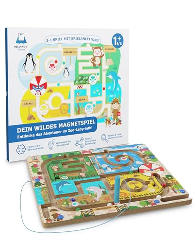 HELDENGUT® Labyrinthe magnétique pour enfants à partir de 2 ans [aventure au zoo] – Jeu magnétique idéal comme jouet de motricité Montessori – Extrêmement varié grâce à différents jeux éducatifs à