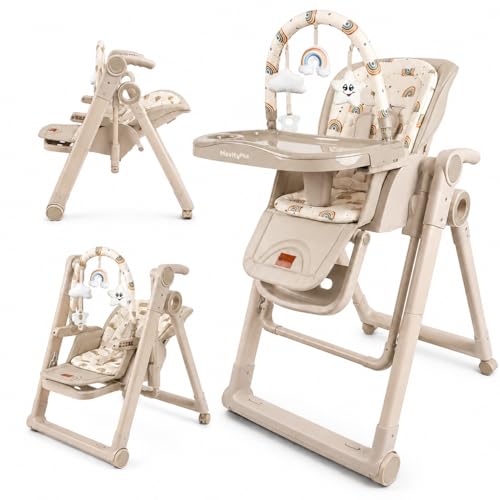Twinly Movity Plus Trona Evolutiva Bebé 2 en 1 con Hamaca Balancín | Trona Bebé Plegable y Ajustable para 0-3 Años hasta 15 kg | Arnés 5 Puntos, Bandeja Extraíble y Ruedas, Beige
