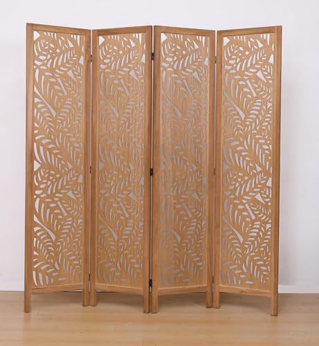 PEGANE Paravent ajouré, séparateur de pièce en Bois avec Motifs Feuille, 4 pans Coloris Brun Clair - Hauteur 170 x Longueur 160 cm