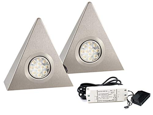Preisvergleich Produktbild 2er Set LED Dreieckleuchte Unterbauleuchte Küchenleuchte Küche LED EDELSTAHL 2x3W Warmweiß 3200K mit Zentralschalter