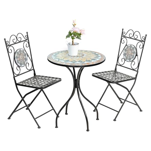 IlGruppone Tavolino + 2 Sedie Set Bistrot Terrazzo Giardino Mosaico Ceramica Interno Esterno Pieghevoli Salvaspazio Patio Casa Arredo Estivo Trattamento Antiruggine Waterproof - MOD-Cefalu