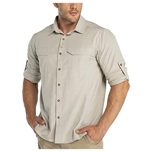 33,000ft Funktionshemd Herren UPF50+ UV-Schutz Langarm Hemd Atmungsaktiv Button-Down-Hemd Outdoor Sportliches Freizeithemd Angelhemd Für Männer Khaki M