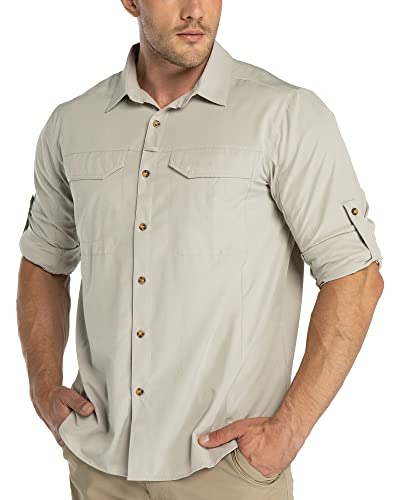 33,000ft Camisa funcional UPF50+ para hombre - Protección UV - Mangas largas - Respirable - Camisa abotonada - Para el exterior, deporte, ocio, pesca, caqui, M