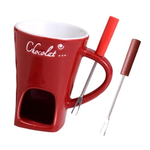 Tasse à Fondue au Chocolat en Céramique, Mug Fondue au Chocolat, 130 ml, Mini Fondue Chocolat, Pot à Bonbons Fondoir à Chocolat, Tasse avec Fourchette pour Fondue au Chocolat, Fromage, Beurre, Rouge