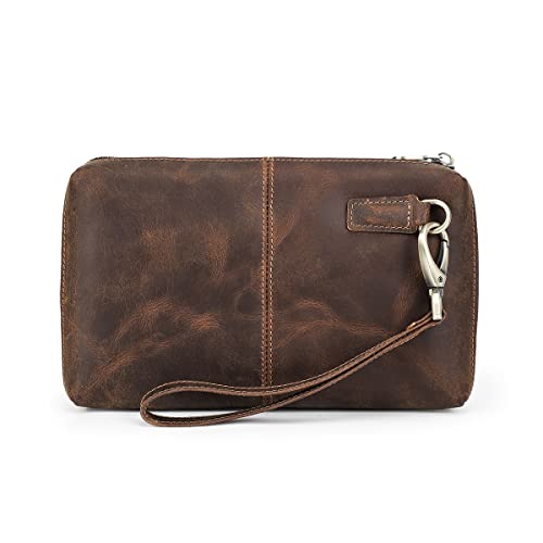 CONTACTS Mens Clutch Bag Leather Wallet, Crazy Horse Leather Vintage Clutch Wallet for Men Travel Wristlet Handbag Card Holder Phone Checkbook Purse