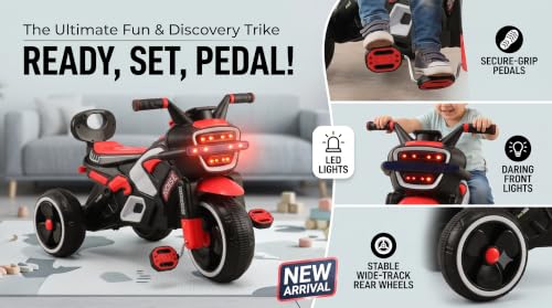 Image of SRECAP Kids Pedal Tricycle with Push Handle | Toddler Trike with Headlight, Music, EVA Wheels & Curved Seat with Backrest | 15 Months-3 Years (Red)