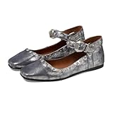 Arqa Womens Buttery Soft Leather Stud Silver Mary Jane Flats Studded Embellishments Decoration Vintage Flats Ankle-Strap Design Buckle Closures Rounded Square Toe Shoes Size 9