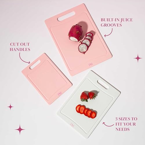 Paris Hilton Cutting Boards for Kitchen, Reversible Dual Sided Plastic Cutting Board Set with Juice Grooves, Easy Grip Handle, Heavy Duty and Made Without BPA, Dishwasher Safe, 3-Piece, Pink and Cream - 4