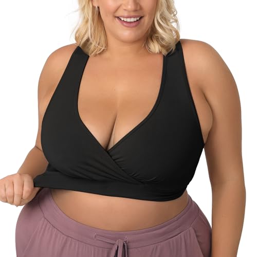Kindred Bravely French Terry Nursing Bra for Breastfeeding and Sleep, Racerback Crossover, Soft and Stretchy Maternity Bra (Black, Large Busty)