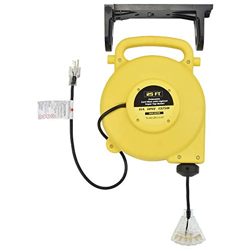 Terrabloom 25 Ft Retractable Extension Cord Reel - 2 In 1 Mountable & Portable Power Cord Reel With 3 Electrical Outlets - 14/3 Sjtw Heavy Duty Yellow Case And Black Cable With Lighted Power Block #TOP2