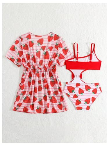 MakeMeChic Girl's One Piece Swimsuit Strawberry Print Cut Out Asymmetrical Bathing Suit with Cover Up2