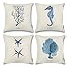 ONWAY Ocean Park Cotton Linen Theme Decorative Pillow Cover Case D 18" X 18" Square Shape-Ocean-Beach-sea-Print-Starfish-Seahorse-Voyage, 4 Pack Blue