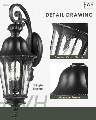 Image of Outdoor Light Fixtures, HWH Exterior Wall Sconce Lantern with Seeded Glass, 29'' Large Outdoor Wall Lamp Antique Porch Light for Patio Garage Entryway, Matte Black Finish, 5HW90B-L BK
