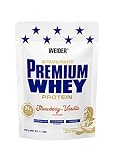Weider Premium Whey Protein Pulver, hochwertiges Eiweißpulver mit Whey Isolat zum Muskelaufbau mit hohem Anteil an EAA, BCAA und freiem L-Glutamin, perfekte Löslichkeit – Erdbeer-Vanille, 500g