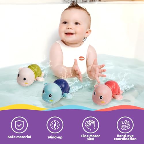 LiKee Bath Toys 3 Pack with 3 Colors | Cute Swimming Turtles Wind Up Toys for Baby Toddlers 1+ Years Old | Floating Bath & Pool Toys for Kids Age 1-3-5 | Baby Shower & Birthday Gift (Boys Girls) - Thumbnail 7