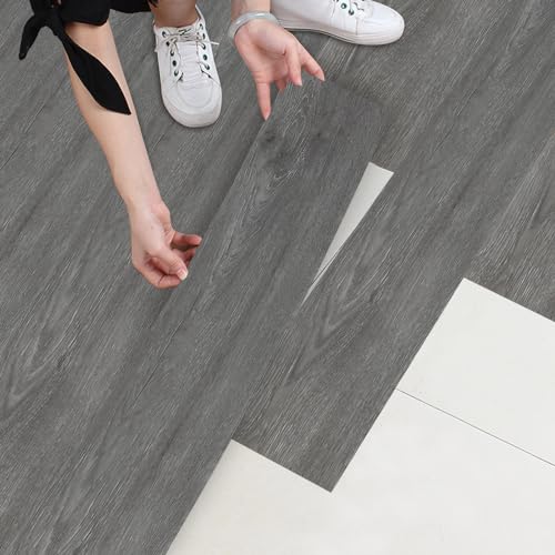 Wood Grain Floor Tiles, 15PCS 91 x 15cm Waterproof Peel and Stick Vinyl Flooring, Flame Retardant Wear Resistant Floor Stickers for Home (Grey)