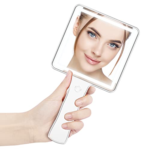 CORROY Travel Hand Held Mirror- Handheld Mirror with Handle for Makeup Rechargeable USB Hand Held Mirror with 3 Light Color Dimmable Square