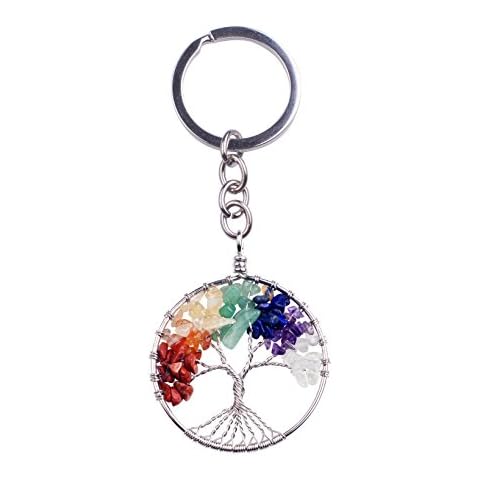 JOYA GIFT Women Keychian 7 Chakra Tree of Life Natural Crystal Pendant Keyring Cover