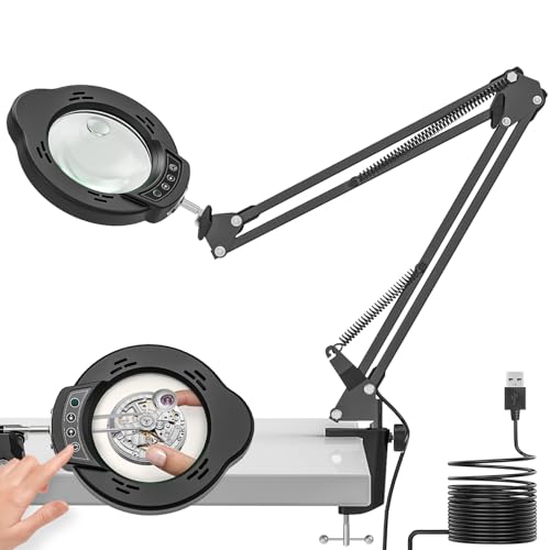 Magnifying Glass with Light and Clamp, 15X 10X Desk Magnifying Lamp, 84 LED Real Glass Lens Magnifier, 5 Color Modes Stepless Dimmable, Adjustable Hands Free Table Lamp for Repair Crafts Hobby Sewing