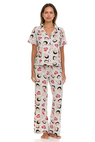 Betty Boop Women’s Pajama Set, Soft Stretchy Pajamas with Pants and Short Sleeve, Notch Collar & Button Down Top