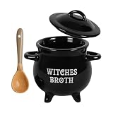 Ceramic Black Witch Cauldron Bowl with Spoon - Soup & Snack Serving Pot