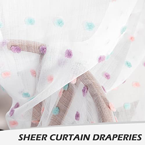 Image of MYSKY HOME Rainbow Pom Pom White Curtains for Living Room 120 Inch 2 Pieces | for Sliding Door & Kids Bderoom, Light Filtering, Extra Long White Semi Sheer, Rod Pocket, Backdrop Window Drapes, 50 inch x 120 inch