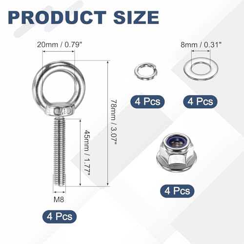 Image of PATIKIL M8 x 45mm Shoulder Eye Bolt, 4 Pcs 304 Stainless Steel Lifting Ring Threaded Eye Bolt with Flange Lock Nuts Spring and Flat Washers for Hanging Tie Down Straps Outdoor Indoor