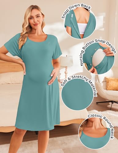 اكواير فستان نوم للنساء للرضاعة/الولادة/المخاض/المستشفى باكمام قصيرة مع زر S-XXL، ازرق مخضر، XXL