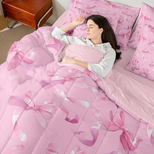 Image of Princess Bow Bed in a Bag King Size Comforter Set 7-Piece | Kawaii Bow Tie Bedding Sets Pink Bowknot Comforter and Sheet Set, Dreamy Ribbon Bow-Tie Room Decor