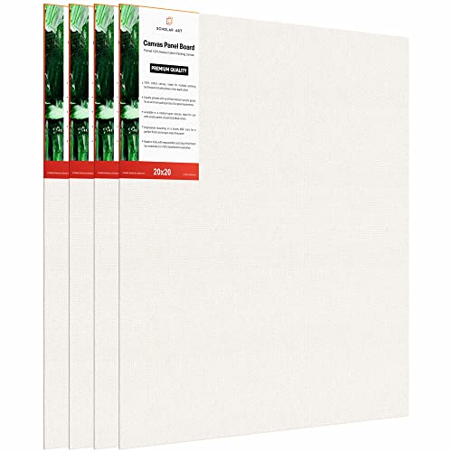 Image of Scholar Art Hobby Series 04 Oz (230 GSM) 100% Cotton Canvas Panel Board for Painting (White Blank Canvas Boards for Acrylic Paint, Oil Paint, Wet & Dry Media) | 20 inchx20 inch (50x50 cm), Pack of 4