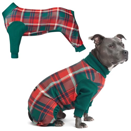 Image of Spark Paws Dog Christmas Pajama, Dog Recovery Suit Male, Onesie, Ultra-Soft and 4-Way Stretch, for Small Medium and Large Breeds - Green and Red Plaid - 3XL