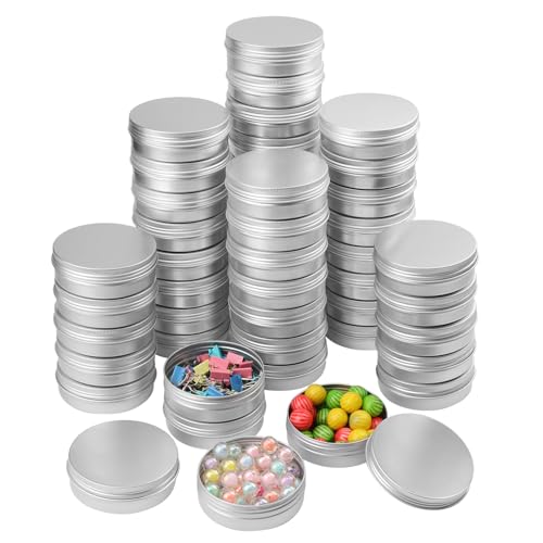 Biugaaufai 48 Pcs 4 Ounce Aluminum Tins with Screw Tops, Round metal tin with Screw Lids, 4 oz Round Cans with Lid for Cosmetics, Lip Balm, Spices, and More(silvery)