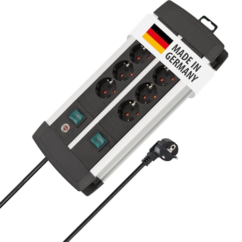 Brennenstuhl Premium-ALU-Line regleta enchufes con 8 Tomas y Interruptor Individual (regleta para Montaje en Pared, Cable de 3 m, 2X Interruptor Iluminado, Fabricado en Alemania)
