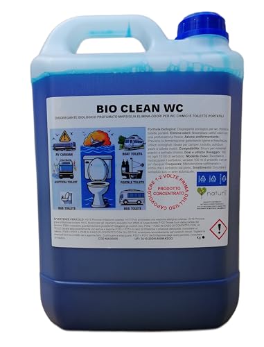 BIO CLEAN WC Disgregante Profumato per WC Chimici e Toilette Portatili, Azione Antiodore, Previene Fermentazione, Ideale per Camper Roulotte Yacht e Bagni Portatili, Tanica 5 kg con Beccuccio Dosatore