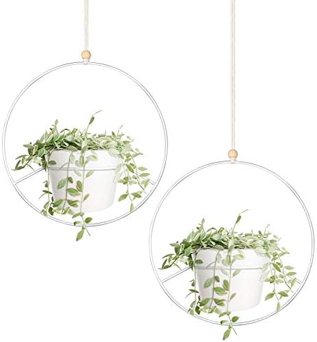 Mkouo Boho Hanging Planter, Set of 2 Round Metal Plant Hanger with Plastic Plant Pot, Modern Wall and Ceiling Planter Mid Century Flower Pot Holder, Fits 15cm Planter, White (Pots Included)